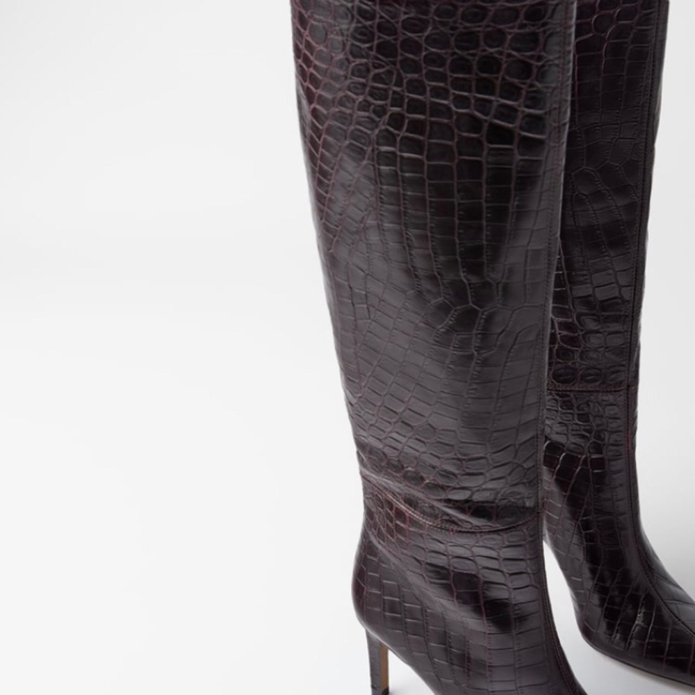 Zara animal print heeled leather boots, burgundy - Picture 2 of 5